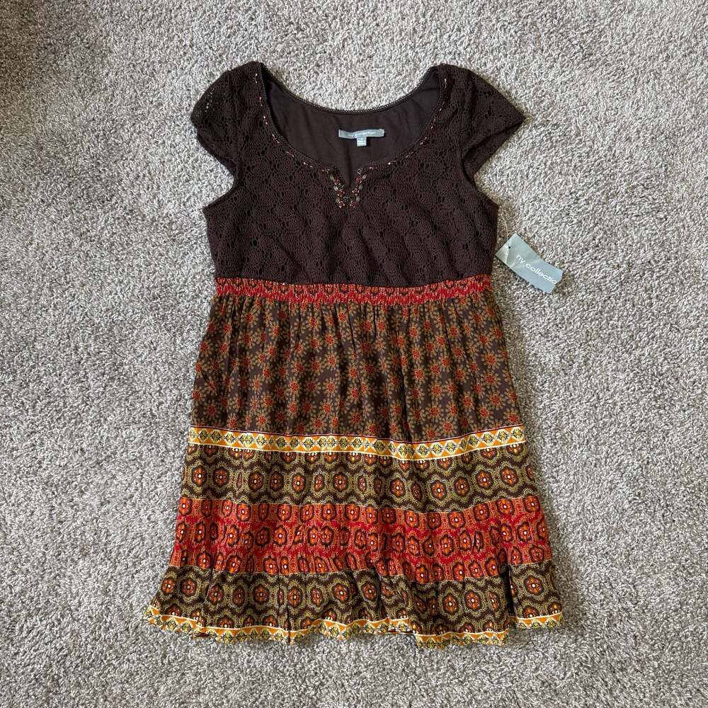Boho Crochet Babydoll Top Floral Peasant Festival Chocolate Brown Crochet S